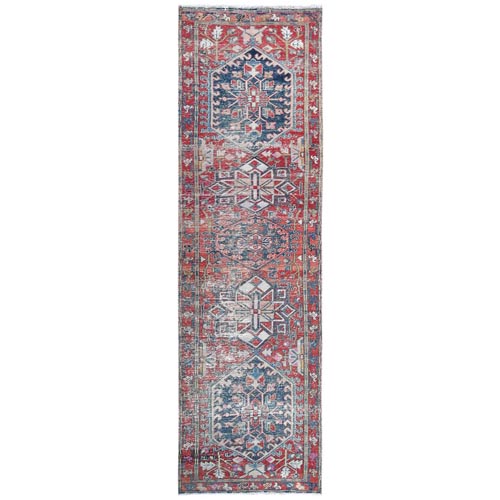 Vintage Sun-Faded Red Persian Heriz Hand Knotted Distressed Look Clean Pure Wool Oriental Runner 