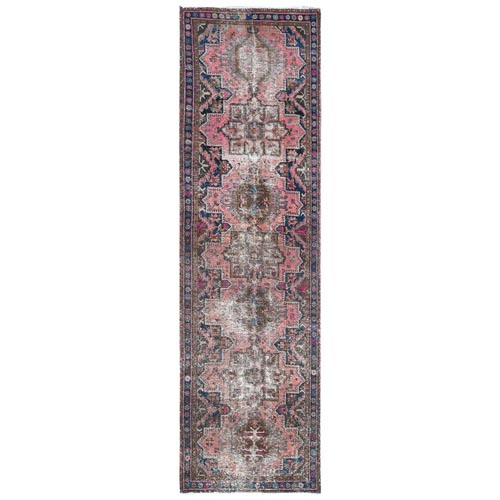 Vintage Hand Knotted Sun-Faded Pink Persian Karajeh Sheared Low Natural Wool Clean Oriental Runner 