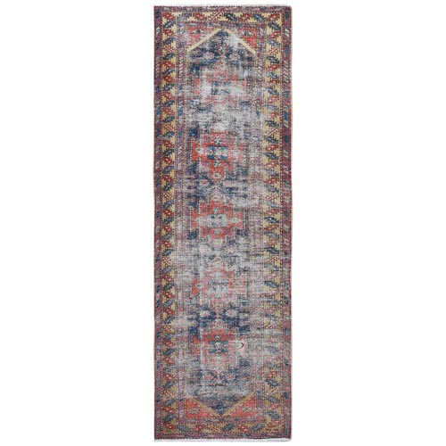 Vintage Worn Down Navy Blue with Red Persian Heriz Clean Herbal Wash Pure Wool Distressed Hand Knotted Oriental Runner 