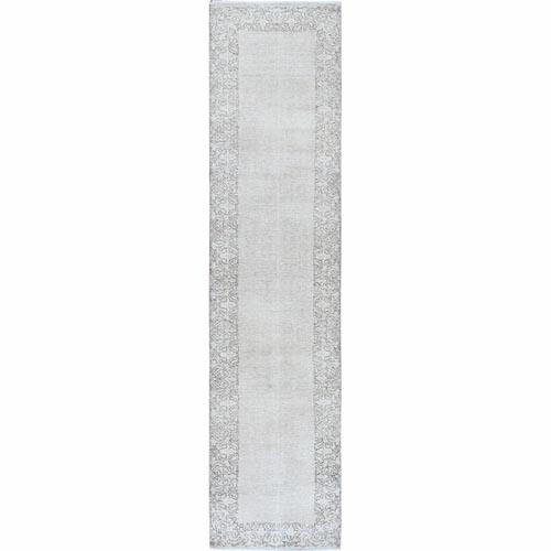 Persian Tabriz Ivory Worn Down Organic Wool Antique Wash with Open Field Design Distressed Hand Knotted Oriental Runner 