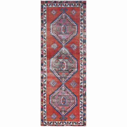 Tomato Red Vintage Persian Heriz with Large Medallions Clean and Beautiful Sheared Low Pile Hand Knotted Pure Wool Oriental Wide Runner 
