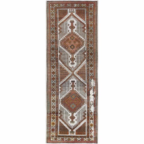 Vintage Sheared Low Areas of Wear Hand Knotted Clean Pure Wool Persian Serab Terracotta Red Oriental Wide Runner 