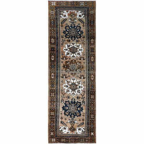 Vintage Chocolate Brown Persian Heriz with Flower Medallions Hand Knotted Clean and Beautiful Pure Wool Low to the Pile Oriental Wide Runner 