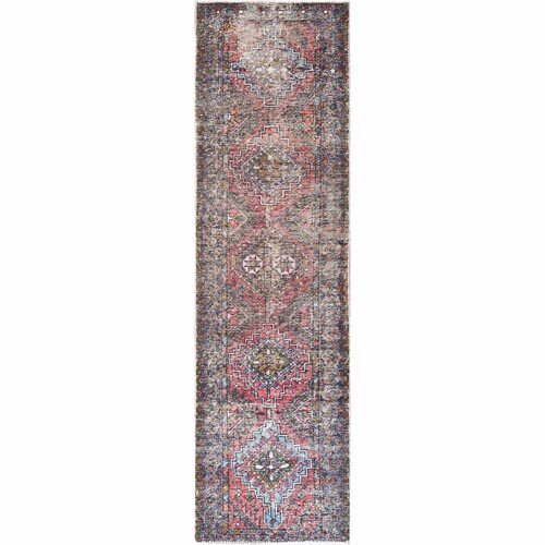Sun-Faded Red Worn Down Vintage Persian Heriz Clean Distressed Hand Knotted Organic Wool Runner Oriental 