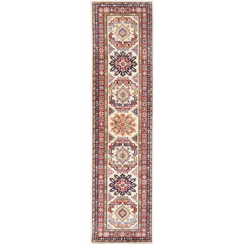Ivory Afghan Super Kazak In a Colorful Pattern Shiny Wool Hand Knotted Oriental Runner 