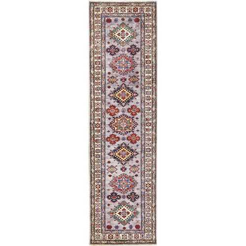 Afghan Super Kazak with Serrated Medallions Design Natural Wool Hand Knotted Purple Oriental Runner 