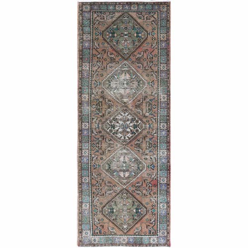 Vintage Hand Knotted Tan Color Northwest Persian with Geometric Medallion Design Cropped Thin Pile Abrash Pure Wool Clean Oriental Runner 