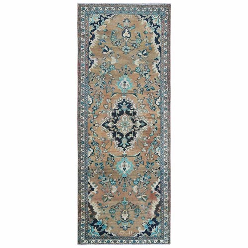 Apricot Color with Touches of Blue Vintage Medallion Design Persian Lilahan Sheared Low Pure Wool Clean Hand Knotted Oriental Wide Runner 