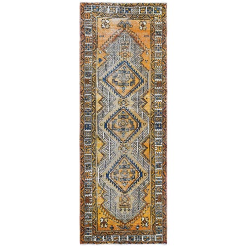 Hand Knotted Vintage Orange and Yellow Colors Persian Serab with Serrated Medallion Design Clean Pure Wool Sheared Low Oriental Wide Runner 