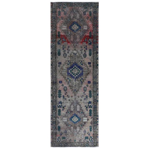 Semi Antique Worn Down Persian Hamadan with Earth Tone Colors Clean Abrash Organic Wool Distressed Hand Knotted Wide Runner Oriental 