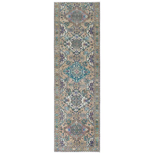 Bohemian Vintage Geometric Medallions Persian Tabriz with Apricot Color Sheared Low Pure Wool Clean Hand Knotted Wide Runner Oriental 