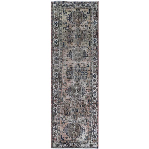 Earth Tone Colors Persian Karajeh with Off-Center Design Semi Antique Distressed Natural Wool Clean Hand Knotted Oriental Runner 