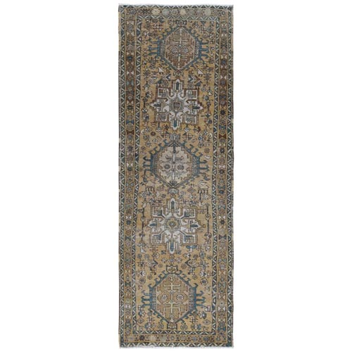 Bohemian Vintage Geometric Medallions Persian Heriz with Earth Tone Colors Distressed Hand Knotted Worn Down Pure Wool Clean Oriental Wide Runner 