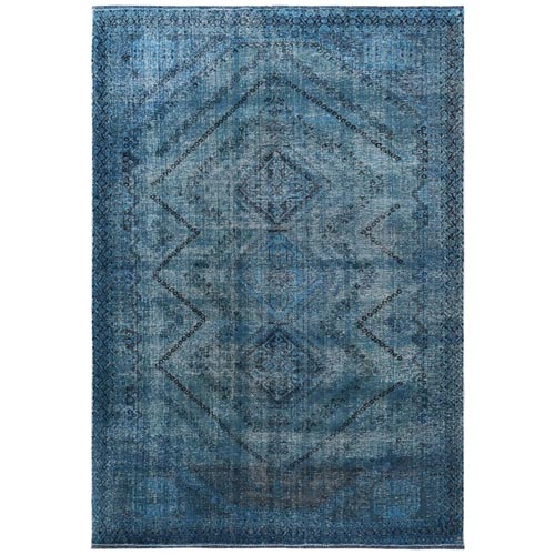 Blue and Teal Cast Persian Shiraz with Serrated Medallion Design Old Sheared Low Clean Hand Knotted Pure Wool Oriental 