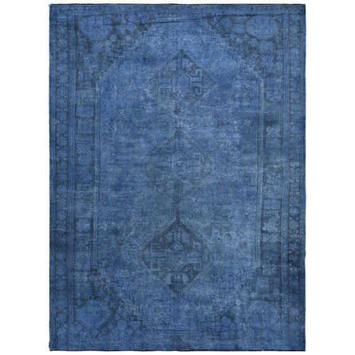 Vintage Overdyed Blue Cast Persian Qashqai with Geometric Medallion Design Low to the Pile Hand Knotted Clean Pure Wool Oriental 