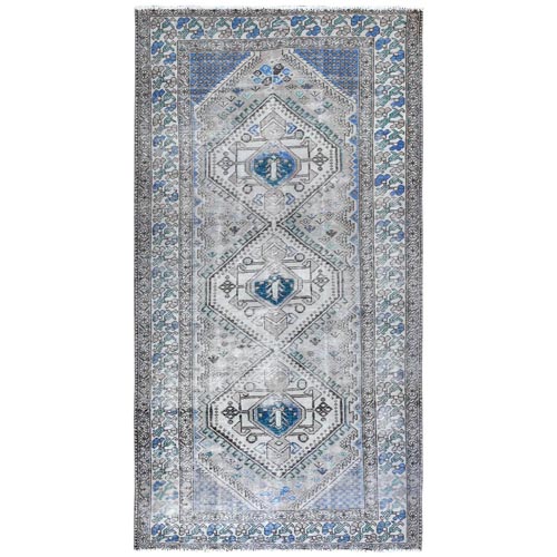 Vintage Gray with Blue Serrated Medallion Persian Qashqai Sheared Low Hand Knotted Pure Wool Clean Oriental Wide Runner 