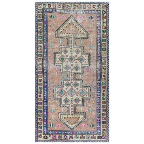 Vintage Apricot with Pop of Color Geometric Design Persian Hamadan Hand Knotted Pure Wool Cropped Thin Clean Wide Runner Oriental 