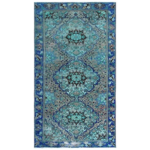 Overdyed Blue and Green Cast Vintage Persian Bakhtiar Hand Knotted Sheared Low Clean Pure Wool Oriental Wide Runner 