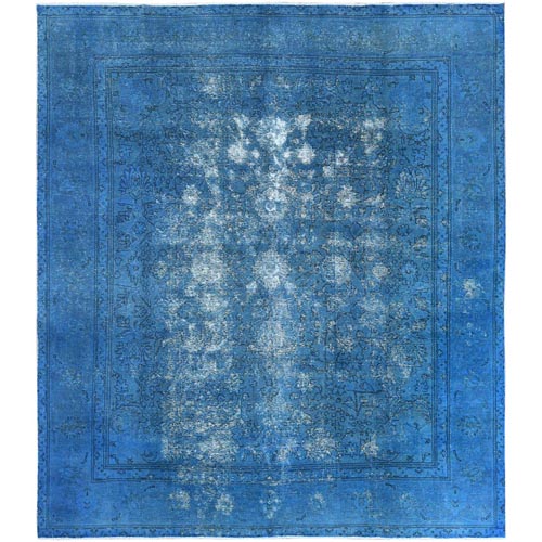 Blue Vintage Overdyed Persian Tabriz Distressed Worn Wool Shaved Down Hand Knotted Oriental Squarish 