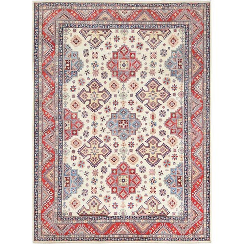 Ivory, Afghan Special Kazak with Geometric Caucasian Design, Extremely Durable, Hand Knotted, Oriental Rug