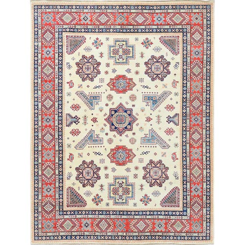 Afghan Special Kazak with Colorful Pattern, Shiny Wool, Hand Knotted, Ivory, Caucasian Design, Oriental 