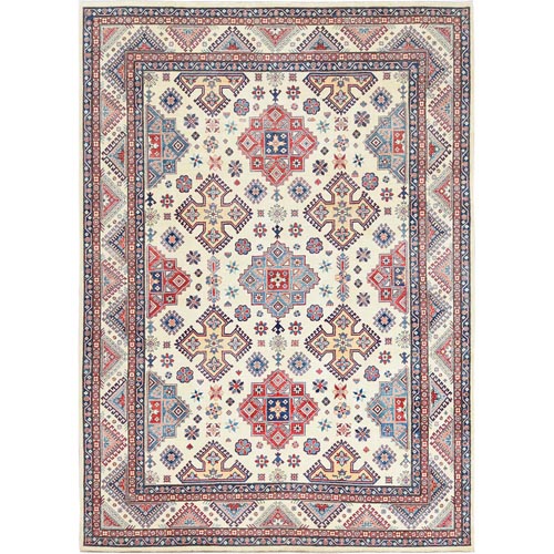 Ivory, Afghan Special Kazak with Geometric Caucasian Design, Extra Soft Wool, Hand Knotted, Oriental 