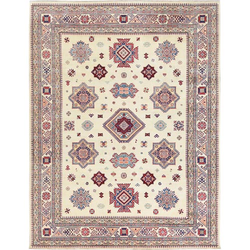 Hand Knotted, Ivory, Afghan Special Kazak with Geometric Caucasian Design, Pure Wool, Oriental Rug