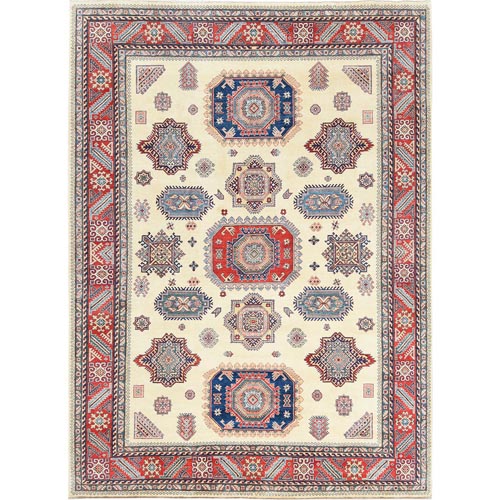 Ivory, Afghan Special Kazak with Caucasian Design, Organic Wool, Hand Knotted, Oriental 