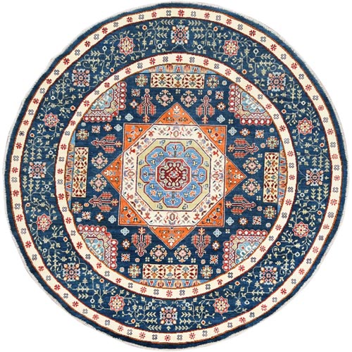 Navy Blue, Hand Knotted, Beautiful, Round, Afghan Special Kazak with Caucasian Star Design, Pure Wool, Oriental 