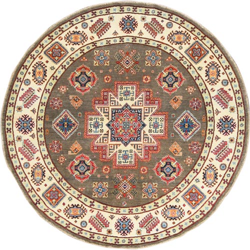 Taupe, Afghan Special Kazak with Star Caucasian Star , Hand Knotted, Round, Natural Wool, Oriental 