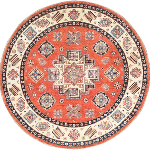 Brick Red, Hand Knotted, Afghan Special Kazak with Caucasian Star Design, Shiny Wool, Round, Oriental 