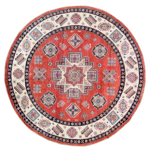 Tomato Red, Afghan Special Kazak with Caucasian Star Design, Hand knotted, Round, Soft Wool, Oriental 