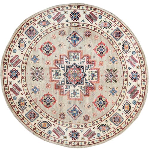 Beige, Caucasian Afghan Special Kazak with Star Design, Round, Hand Knotted, Organic Wool, Oriental 