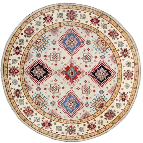 Natural Wool, Hand Knotted, Ivory, Afghan Special Kazak with Caucasian Star Design, Oriental, Round 