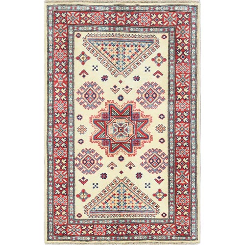 Vibrant Wool, Hand Knotted, Ivory, Caucasian Design, Afghan Special Kazak with Large Medallion, Oriental Rug