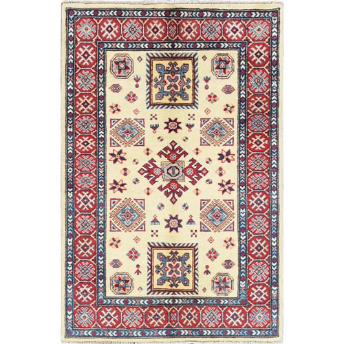 Afghan Special Kazak with Colorful Pattern, Natural Wool, Hand Knotted, Ivory, Caucasian Design, Oriental 