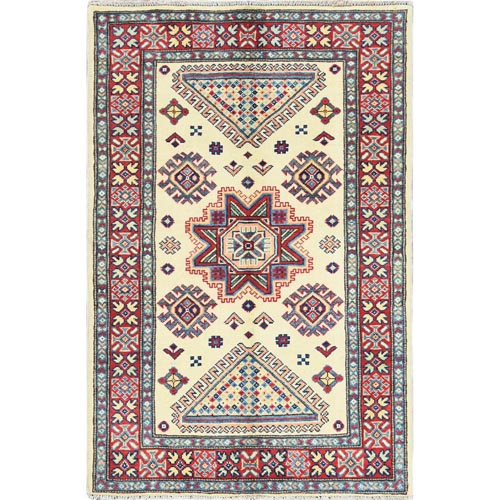 Caucasian Design, Afghan Special Kazak with Large Medallion, Shiny Wool, Hand Knotted, Ivory, Oriental Rug
