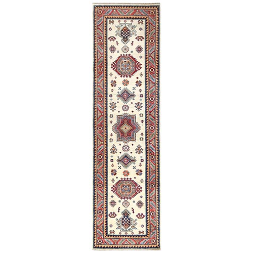 Pure Wool, Hand Knotted, Ivory, Caucasian Design, Afghan Special Kazak with Tribal Medallions Oriental Runner 