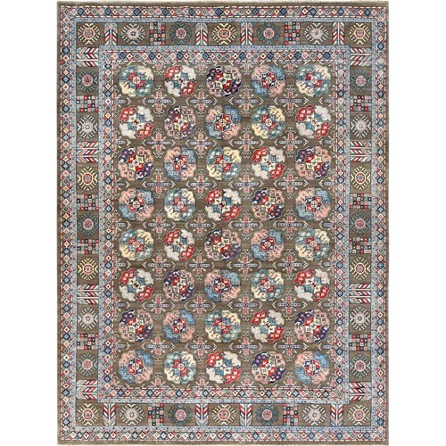 Afghan Special Kazak with Elephant Feet Design, Shiny Wool, Hand Knotted, Taupe, Oriental 