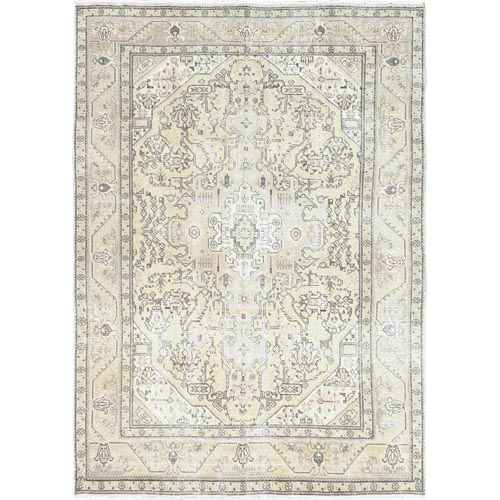 Distressed Worn Wool Shaved Down Hand Knotted Ivory Vintage White Wash Persian Tabriz with Faded Colors Oriental 