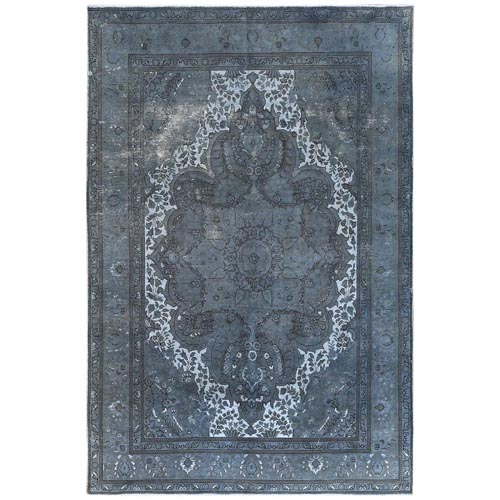 Hand Knotted Dark Gray Vintage Overdyed Persian Tabriz Distressed Worn Wool Shaved Down Oriental 