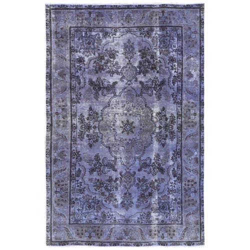 Purple Vintage Overdyed Persian Tabriz with Large Medallion Design Distressed Worn Wool Shaved Down Hand Knotted Oriental 