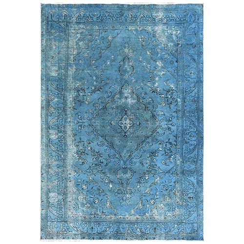 Teal Overdyed, Hand Knotted, Vintage Persian Tabriz, Distressed Look, Cropped Thin, Worn Wool, Oriental 