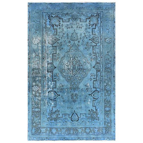Overdyed Light Blue, Vintage Persian Tabriz, Distressed Look, Worn Down, In Good Condition, Pure Wool, Hand Knotted, Oriental 