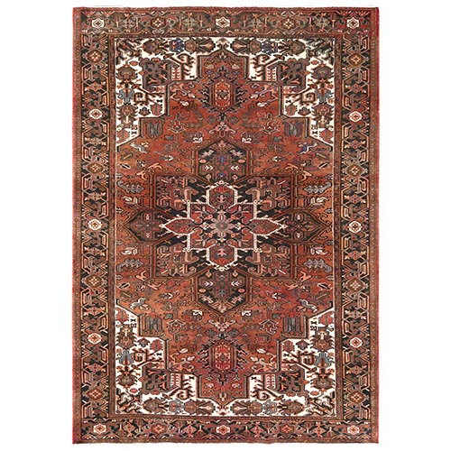 Terracotta Red, In Good Condition, Pure Wool, Hand Knotted, Vintage Persian Heriz, Distressed Look, Oriental 
