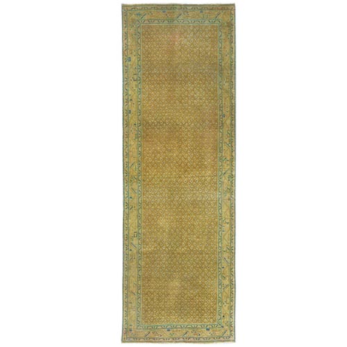 Gold Color, Vintage Persian Sarouk Mir Boteh Design Sheared Low, Distressed Look Worn Wool Hand Knotted, Wide Runner Oriental 