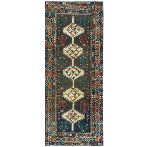 Almond Brown, Vintage Persian Shiraz with Bird Figurines, Abrash Sheared Low Distressed Look Worn Wool Hand Knotted, Wide Runner Oriental 