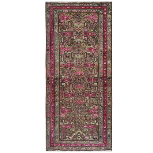 Hot Pink, Vintage Persian Herati Fish Design Serab Sheared Low, Distressed Look Worn Wool Hand Knotted, Wide Runner Oriental 