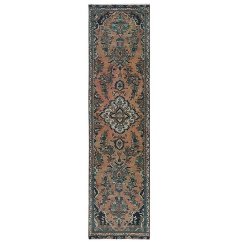 Almond Brown, Worn Wool Hand Knotted Vintage Persian Lilahan, Sheared Low Distressed Look, Wide Runner Oriental 