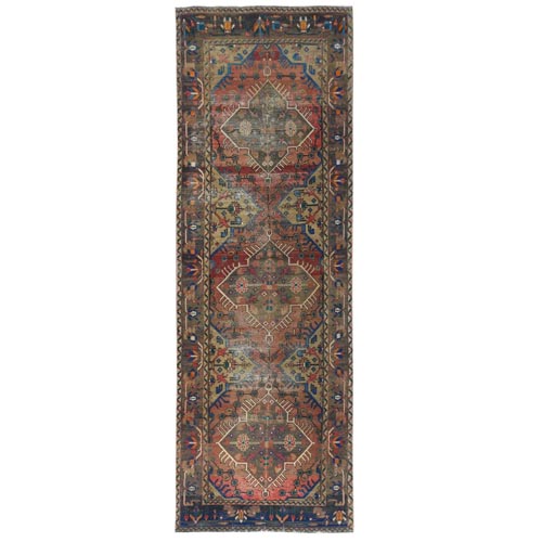 Sunset Colors, Distressed Look Worn Wool Hand Knotted, Vintage Persian Hamadan Cropped Thin, Wide Runner Oriental 